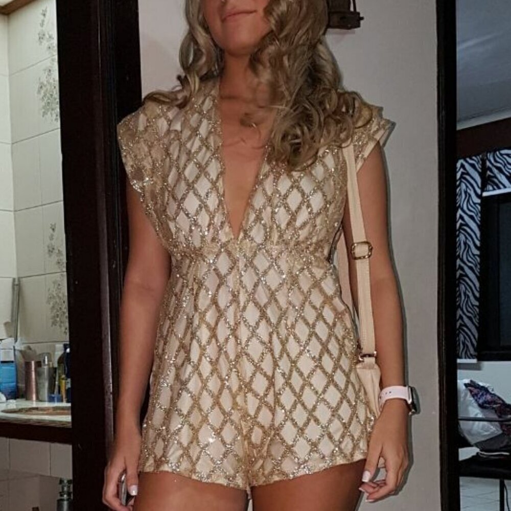 Mini Romper with gold plaid print detail and v-neck